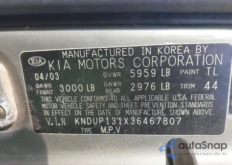 2003 Kia Sedona Ex/Lx from USA, damaged, VIN KNDUP131X36467807